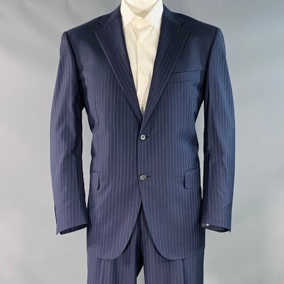 CANALI Size 48 Regular Navy Blue Pinstripe Virgin Wool Notch Lapel Suit - Picture 1 of 13